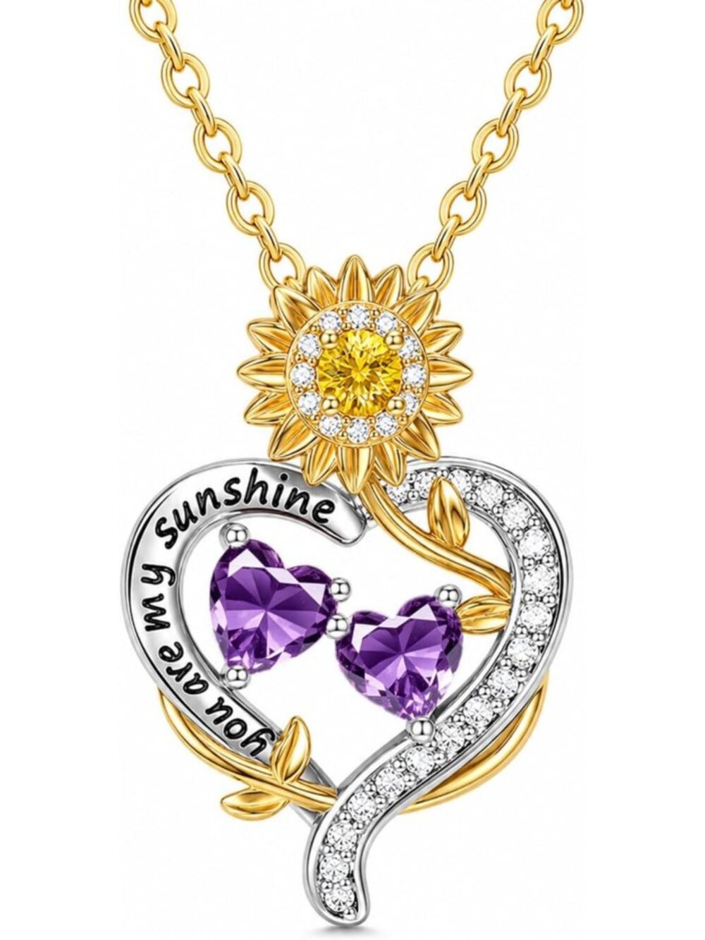 14K Gold Plated Sunflower Heart Necklace with Double Birthstones - Perfect Gift